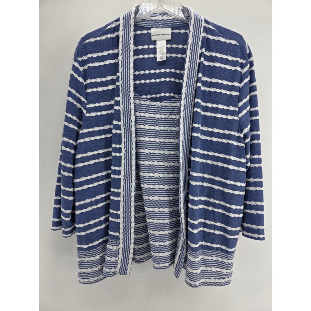 Alfred Dunner Blue White Striped Cardigan and Top Set with Necklace Womens XL